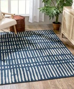 Well Woven Tribal Geometric Stripes Blue Distressed Area Soft Rug