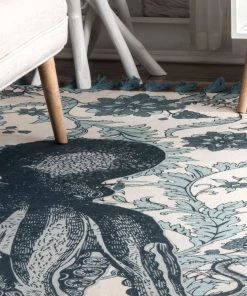 NL Handmade Cotton Wool Octopus Pattern Aqua Soft Area Rugs