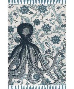 NL Handmade Cotton Wool Octopus Pattern Aqua Soft Area Rugs