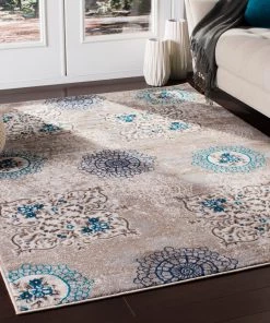 Zerah Transitional Camel Floral Circle Ivory Grey Blue Brown Area Rug All Area Rugs And Runners