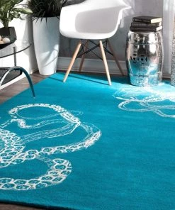 NL Handmade Wool Silk Octopus Pattern Light Blue Soft Area Rugs
