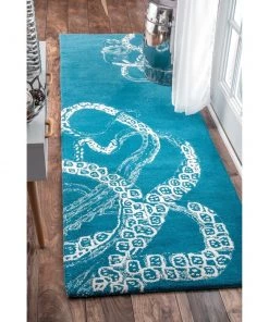 NL Handmade Wool Silk Octopus Pattern Light Blue Soft Area Rugs