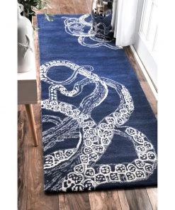 NL All Area Rugs And Runners Handmade Wool Silk Octopus Pattern Navy Soft Area Rugs