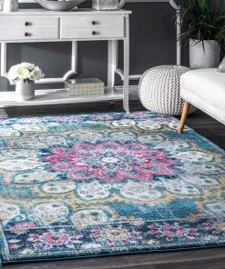 NL Mandala Floral Vintage Turquoise Blue Pink Area Rugs All Area Rugs And Runners
